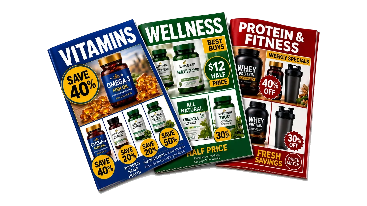 Three vitamins, wellness and protein catalogues fanned out